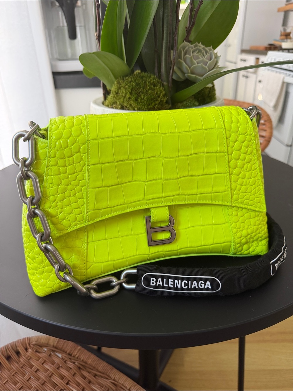 Balenciaga Neon Green Croc-Embossed Letter B Shoulder Bag